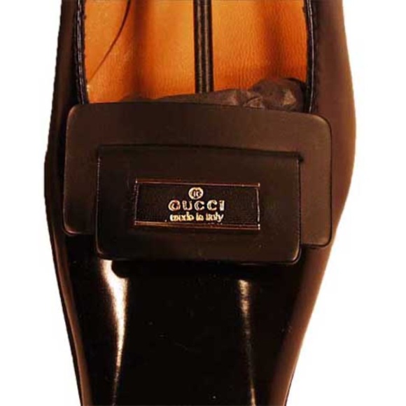 PUMPS, GUCCI, CALF LEATHER, SILVER-TONE ENGRAVED SIGNATURE PLATES ON TOES, BLACK - Picture 5 of 10